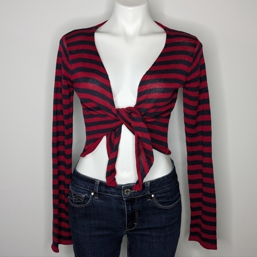 Wooden Ships red blue striped cotton blend tie closure crop cardigan S/M